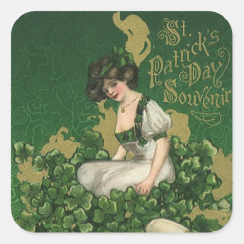 Vintage St Patricks Day Souvenir Irish Lass Square Sticker