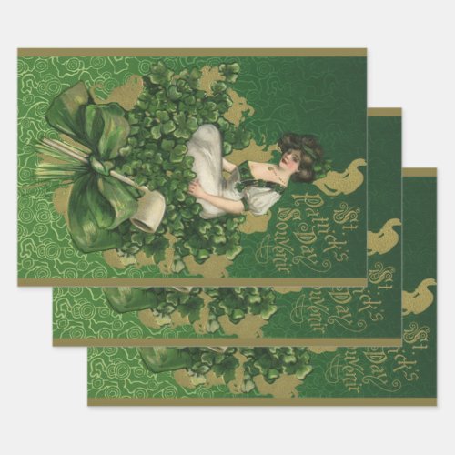 Vintage St Patricks Day Souvenir Irish Lass Wrapping Paper Sheets