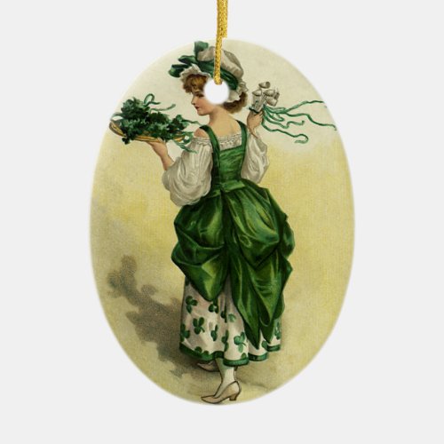 Vintage St Patricks Day Woman Green Shamrocks Ceramic Ornament
