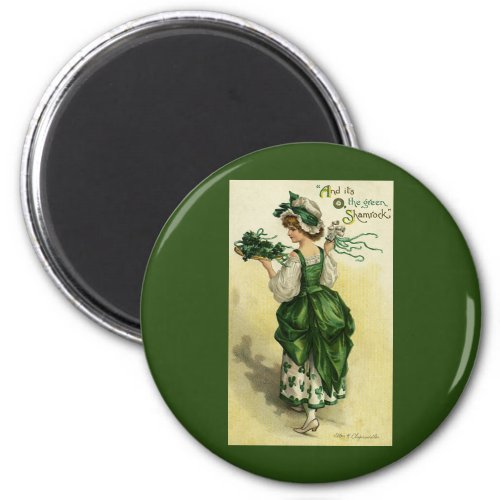 Vintage St Patricks Day Woman Green Shamrocks Magnet