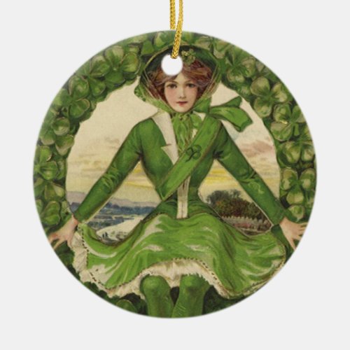 Vintage St Patricks Day Wreath with Irish Lass Ceramic Ornament