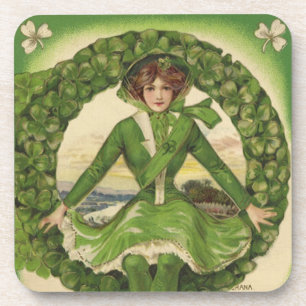 Vintage St. Patrick's Day, Wreath with Irish Lass Coaster