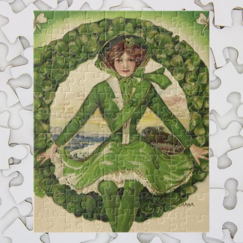 Vintage St Patricks Day Wreath with Irish Lass Jigsaw Puzzle