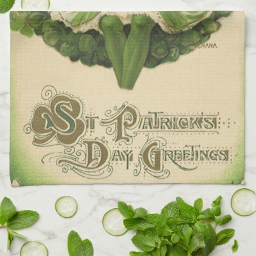 Vintage St Patricks Day Wreath with Irish Lass Kitchen Towel