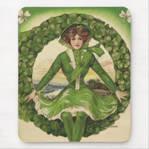 Vintage St Patricks Day Wreath with Irish Lass Mouse Pad