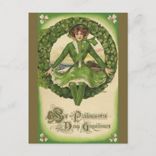 Vintage St Patricks Day Wreath with Irish Lass Postcard