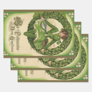 Vintage St. Patrick's Day, Wreath with Irish Lass Wrapping Paper Sheets