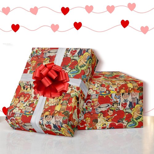 Vintage St Valentines Day Cards Red Hearts Wrapping Paper