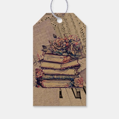 Vintage Stack of Books and Roses Gift Tags