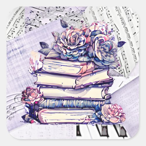 Vintage Stack of Books and Roses Square Sticker