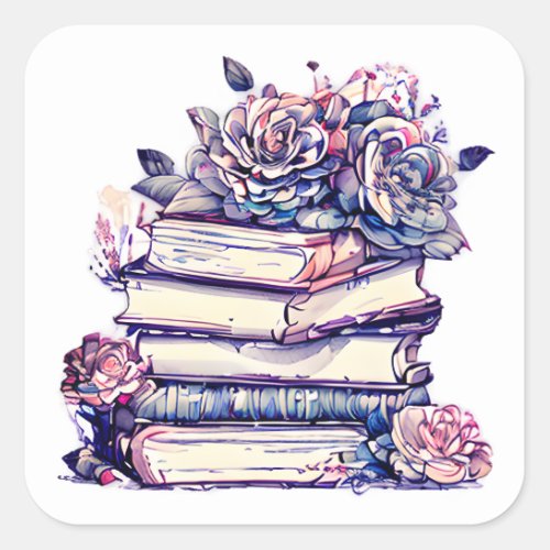 Vintage Stack of Books and Roses Square Sticker