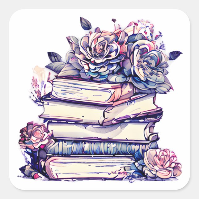 Vintage Stack of Books and Roses Square Sticker (Front)