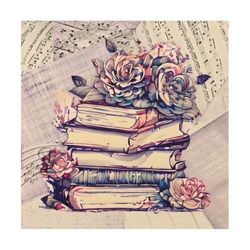 Vintage Stack of Books and Roses Wood Wall Art