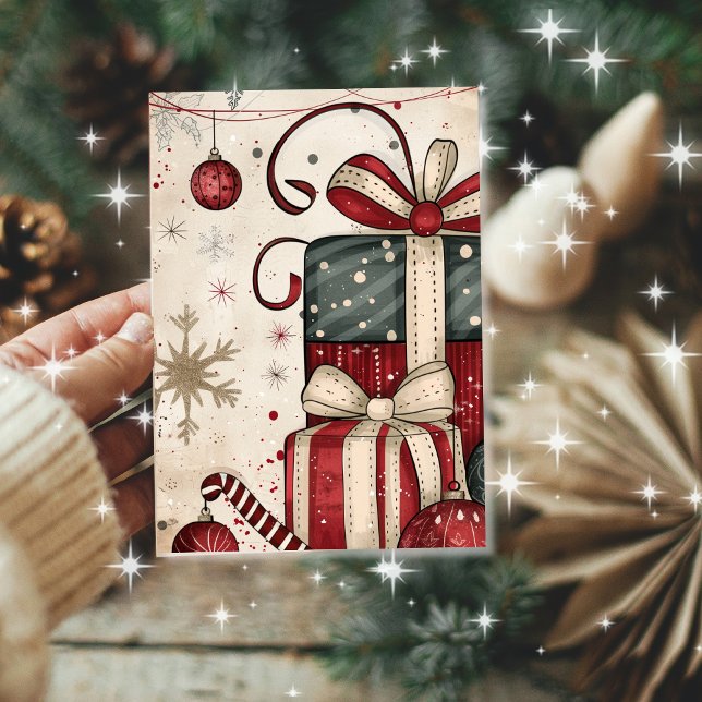 Vintage Stacked Christmas Gifts Retro Ornaments Card (Stacked gifts, candy canes, and retro sparkle make this card a holiday favorite)