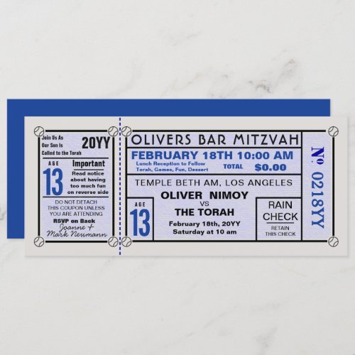 Vintage Stadium Ticket Baseball Bar Mitzvah Blue Invitation