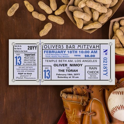 Vintage Stadium Ticket Baseball Bar Mitzvah Blue Invitation