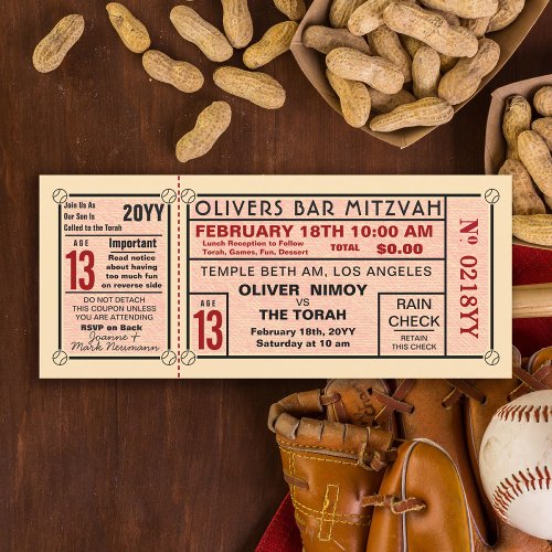 Vintage Stadium Ticket Baseball Bar Mitzvah Red Invitation