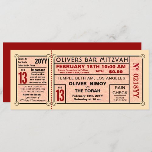Vintage Stadium Ticket Baseball Bar Mitzvah Red Invitation