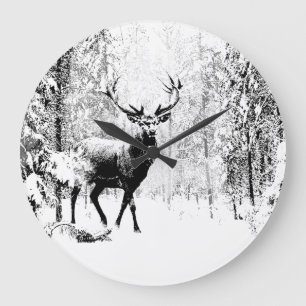 Vintage Stag Deer Black White Animal Large Clock