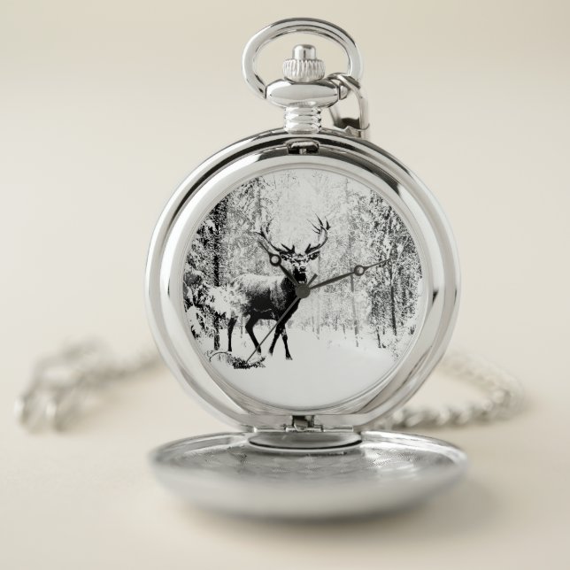 Vintage Stag Deer Black White Animal Pocket Watch (Inside)