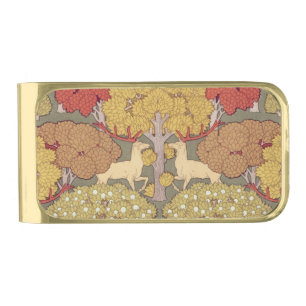 Vintage Stag Deer Forest Sage Green Pattern Gold Finish Money Clip
