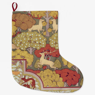 Vintage Stag Deer Forest Sage Green Pattern Large Christmas Stocking