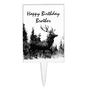 Vintage Stag Deer Happy Birthday Brother Cake Topper