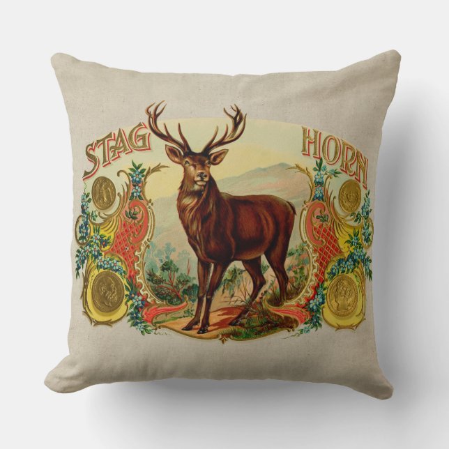 Vintage Stag Horn Throw Pillow (Front)