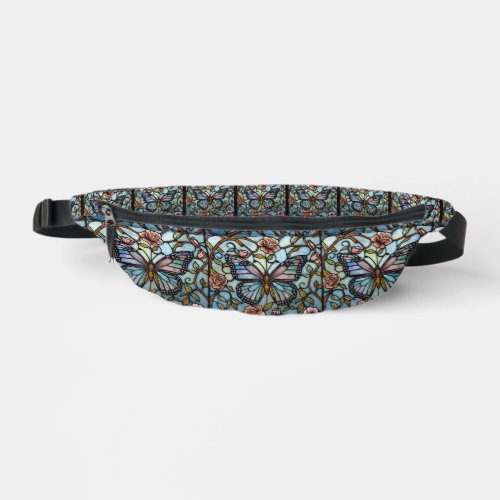 vintage stain glass blue butterfly art  fanny pack