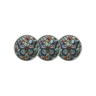 Vintage stain glass blue butterfly art  golf ball marker