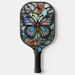 Vintage stain glass blue butterfly art  pickleball paddle