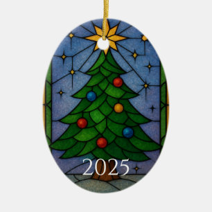 Vintage Stained Glass Christmas Tree Artwork  Ceramic Ornament