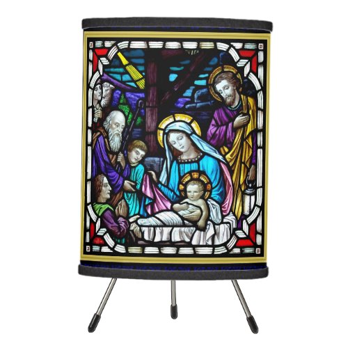 Vintage Stained Glass Nativity Tripod Lamp