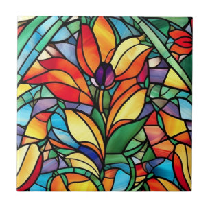 Vintage Stained Glass Orange Purple Flower Ceramic Tile