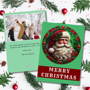 Vintage Stained Glass Santa Photo Merry Christmas Holiday Card
