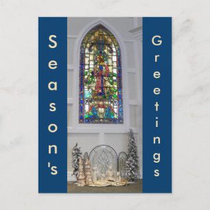 Vintage Stained Glass Window & Christmas Nativity Holiday Postcard
