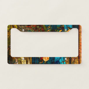 Vintage Stained Glass with Peacocks and Flowers License Plate Frame