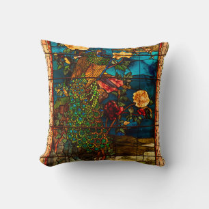 Vintage Stained Glass with Peacocks and Flowers Throw Pillow