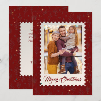 Vintage Stamp Christmas one Photo Burgundy Holiday Card