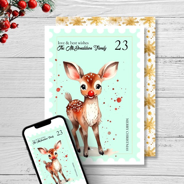 Vintage Stamp Kitsch Reindeer Pastel Christmas Holiday Card (Vintage Stamp Kitsch red nose Reindeer Pastel Christmas Holiday Card mint green 1950s midcentury)