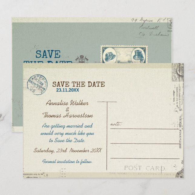 Vintage stamped postcard Wedding  Save the date. (Front/Back)