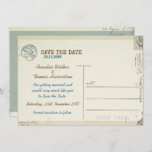 Vintage stamped postcard Wedding  Save the date.