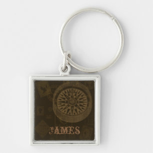 Vintage Stamps & Compass Keychain