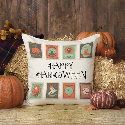 Vintage Stamps Fun Cute Happy Halloween Throw Pillow
