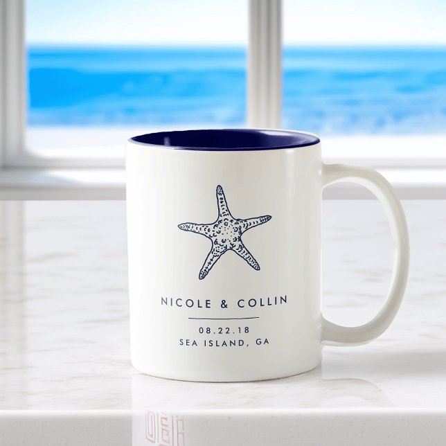 Vintage Starfish Destination Wedding Favor Two-Tone Coffee Mug (Creator Uploaded)