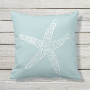 Vintage Starfish Illustration Pastel Seafoam Blue Outdoor Pillow