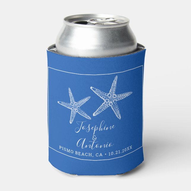 Vintage Starfish Nautical Blue Wedding Can Cooler (Can Front)