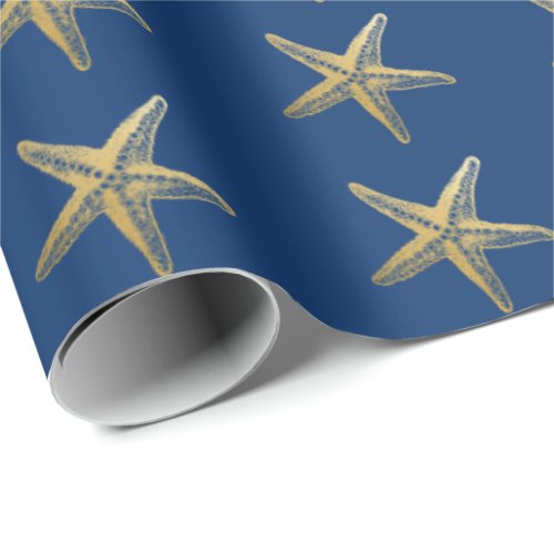 Vintage Starfish Sketch Navy Blue Wrapping Paper