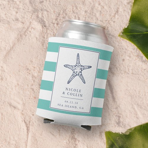 Vintage Starfish Wedding Favor Can Cooler  Aqua