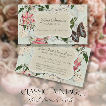 Vintage Stargazer Lily Rose Butterfly N Hydrangea Business Card by VintageWeddings at Zazzle